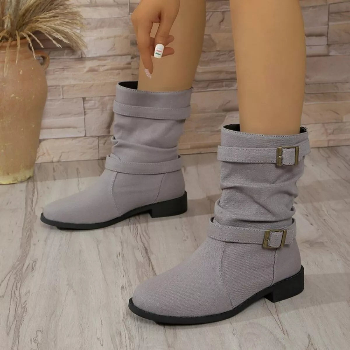 Buckle Accent Block Heel Boots Trendsi