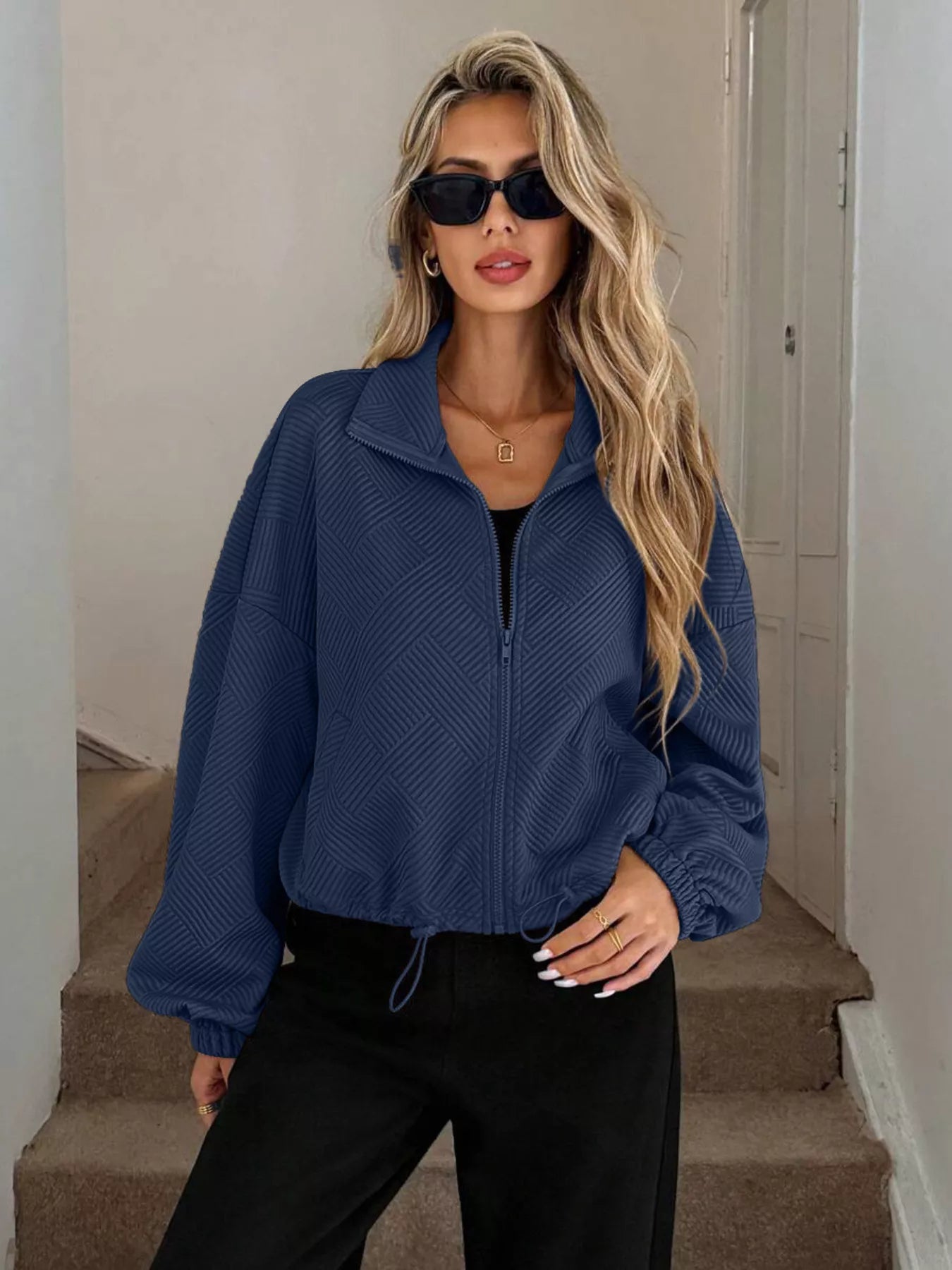 Drawstring Hem Textured Long Sleeve Jacket OutfitFlow
