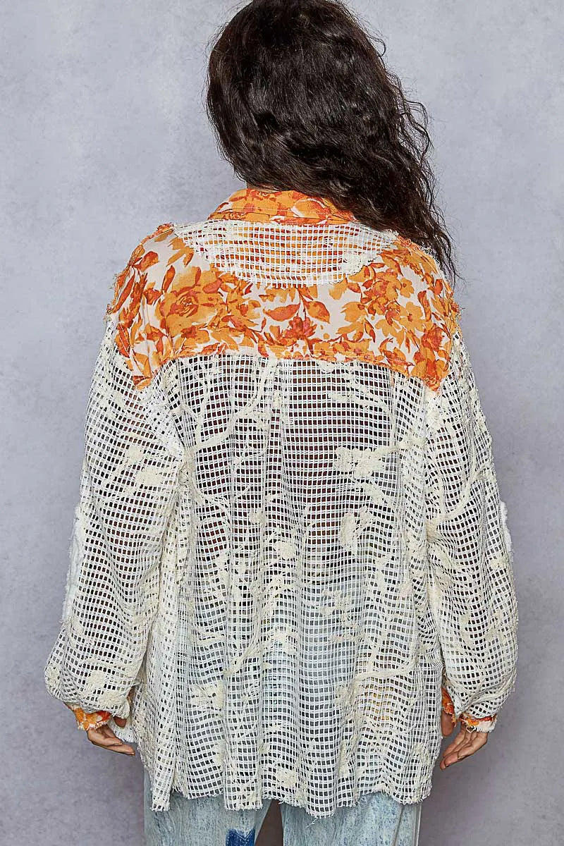 POL Floral Print Crochet Button Up Shirt OutfitFlow
