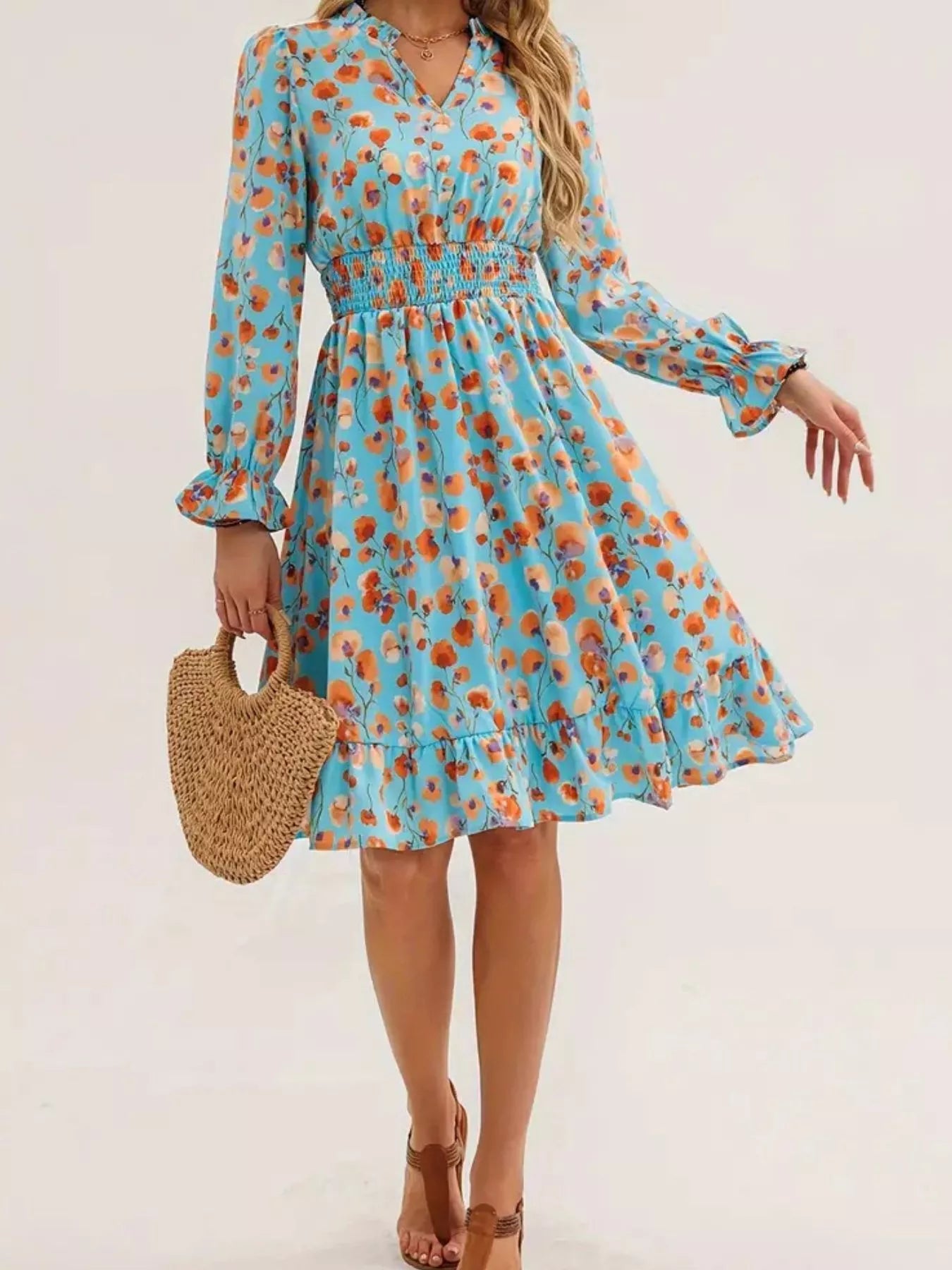 Floral Notched Flounce Sleeve Dress OutfitFlow