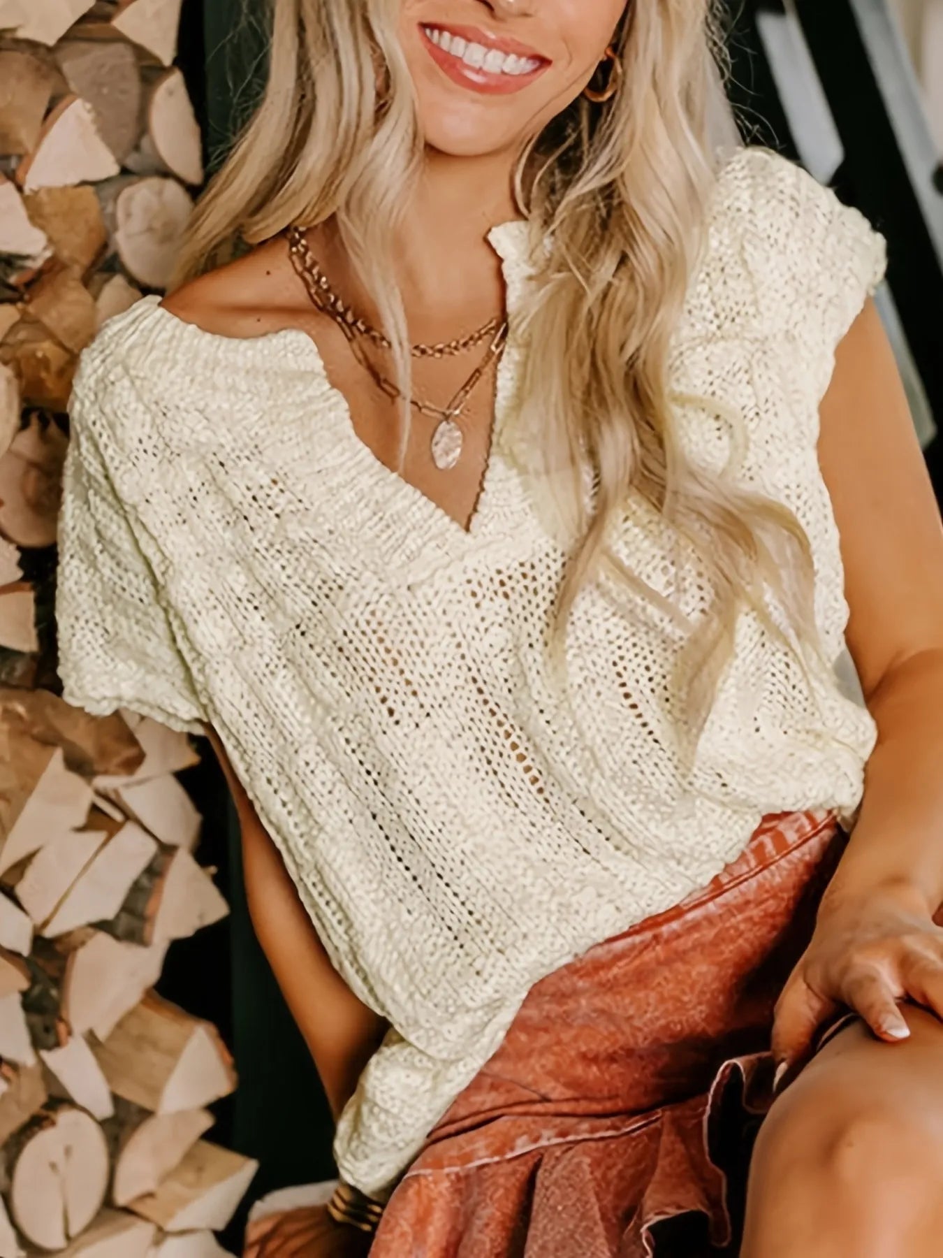 Notched Short Sleeve Sweater OutfitFlow