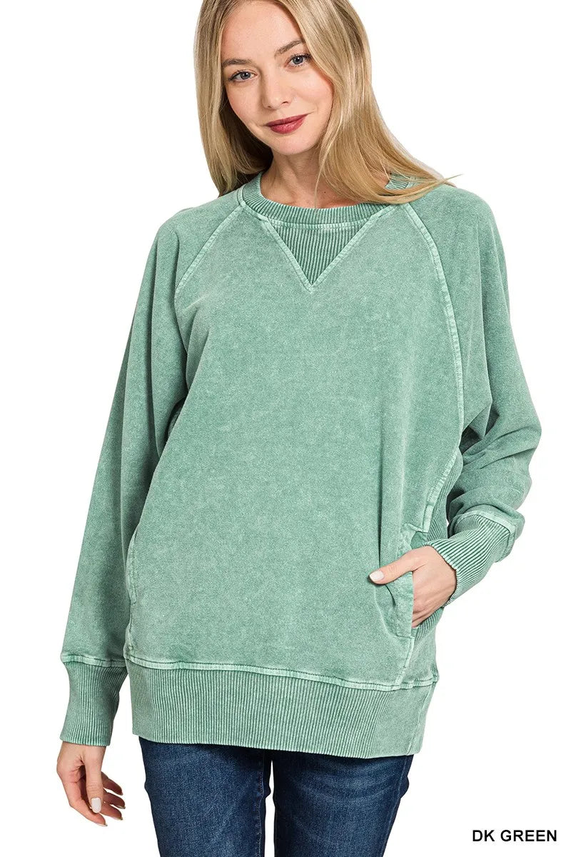 Zenana Halo Snow Washed French Terry Round Neck Sweatshirt DK GREEN Trendsi