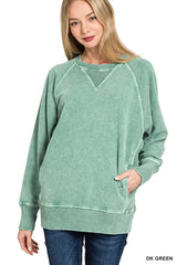Zenana Halo Snow Washed French Terry Round Neck Sweatshirt DK GREEN Trendsi