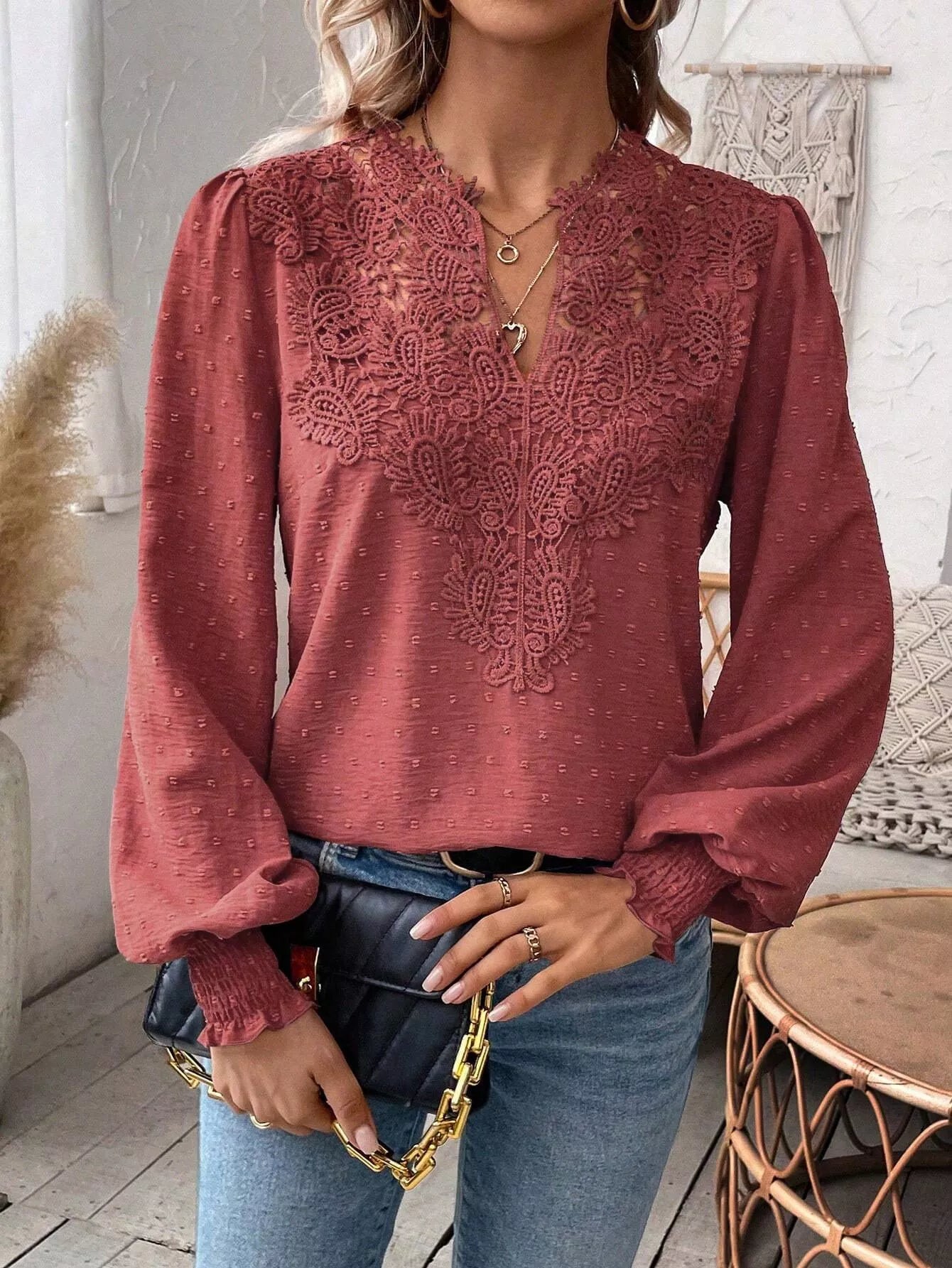 Swiss Dot Lace Detail Long Sleeve Blouse OutfitFlow