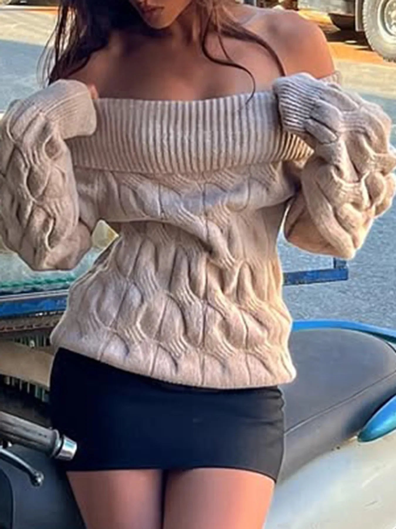 Cable Knit Off-Shoulder Sweater Khaki Trendsi
