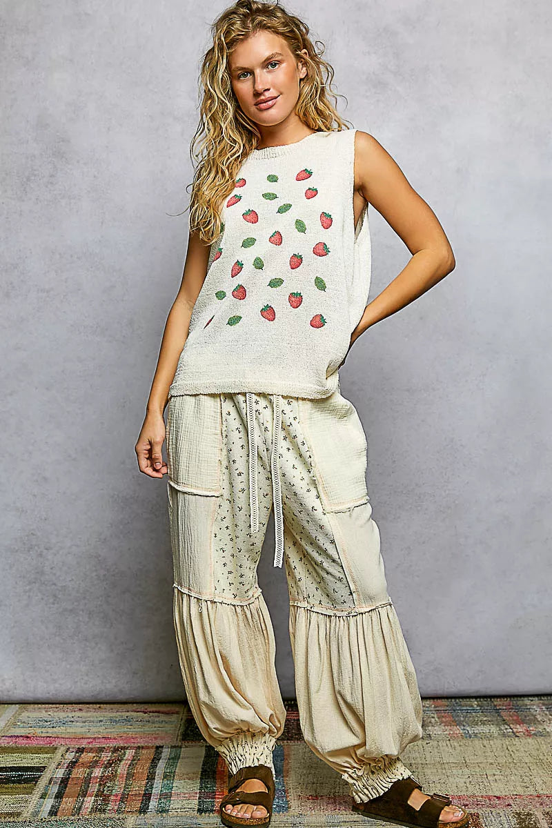 POL Strawberry Pattern Round Neck Sleeveless Sweater Top OutfitFlow