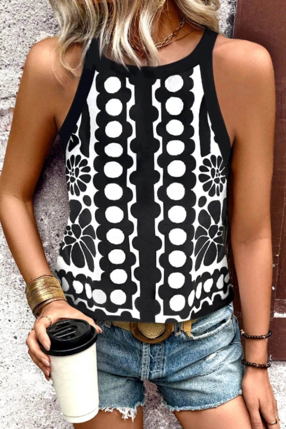 Geometric Print Sleeveless Tank Top OutfitFlow