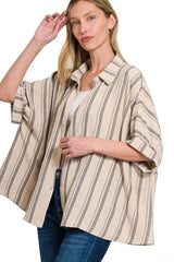 Zenana Woven Yarn-Dye Stripe Oversized Button Down Shirt OutfitFlow