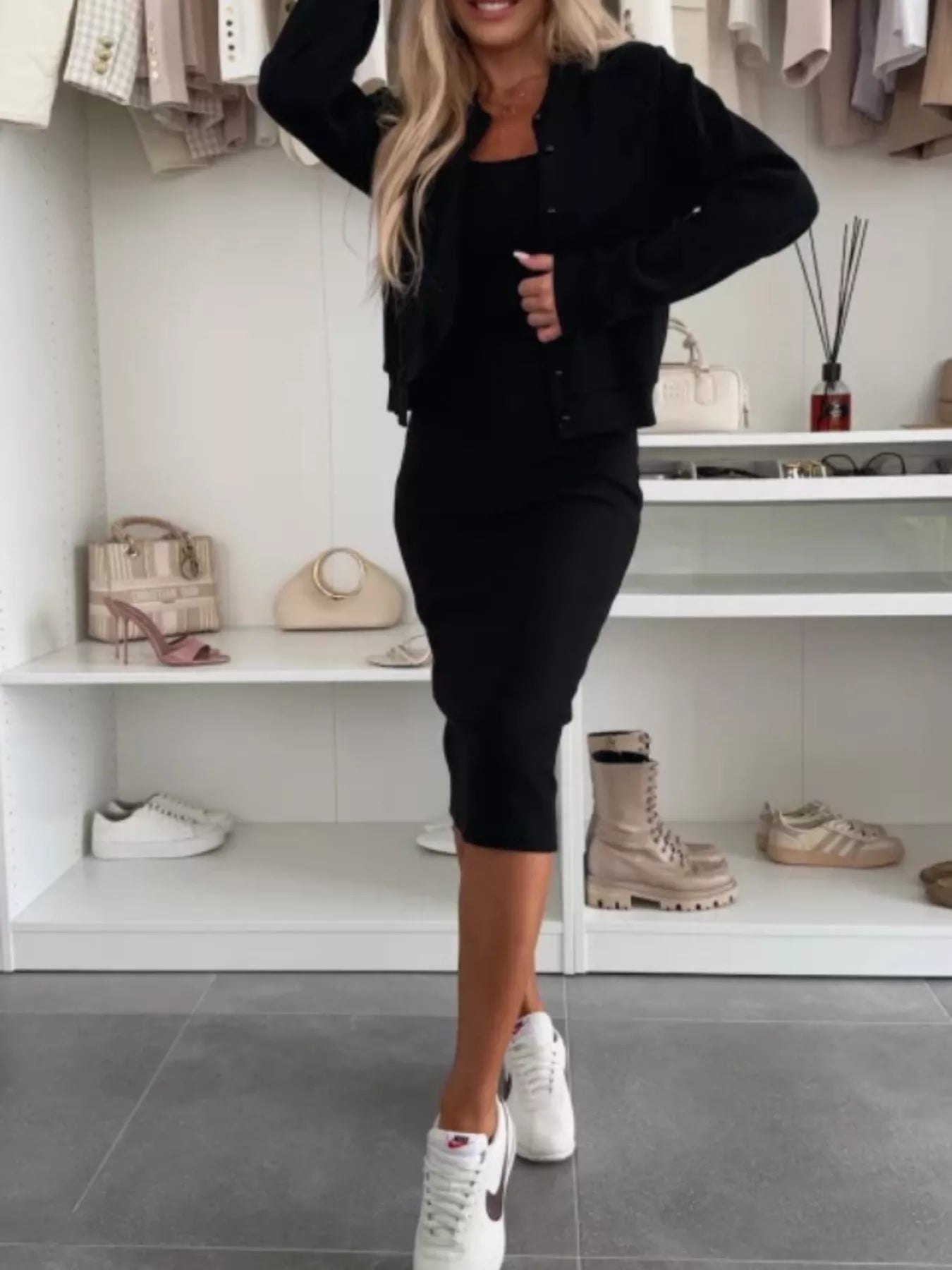 Full Size Slit Square Neck Dress and Outerwear Set Plus Size Black OutfitFlow