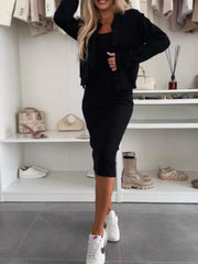Full Size Slit Square Neck Dress and Outerwear Set Plus Size Black OutfitFlow