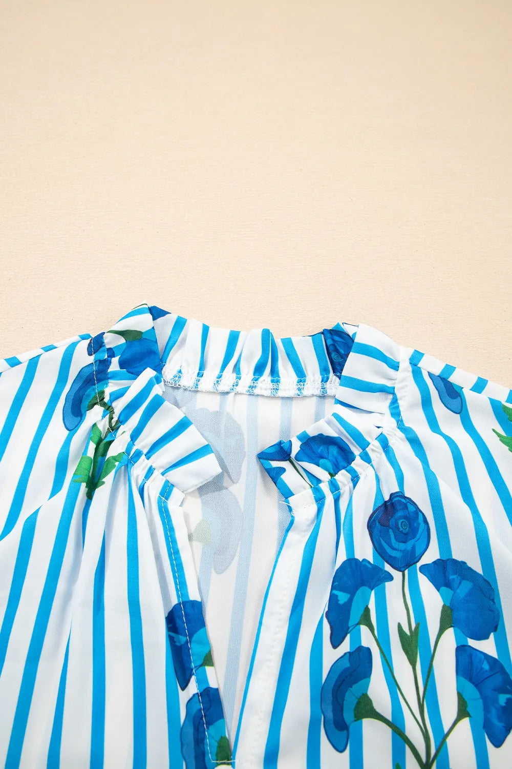 Stripe Floral Notched Neck Puff Sleeve Summer Blouse OutfitFlow
