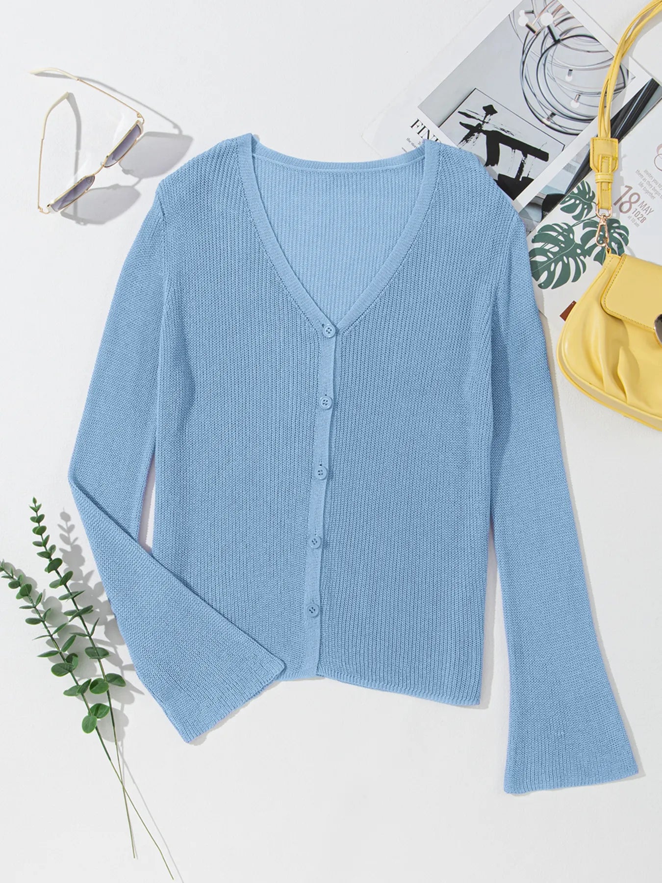 Lightweight V Neck Button Front Bell Sleeve Cardigan OutfitFlow