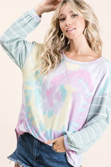 BiBi Tie Dye Terry Top with Wide Stripe Thermal Waffle OutfitFlow