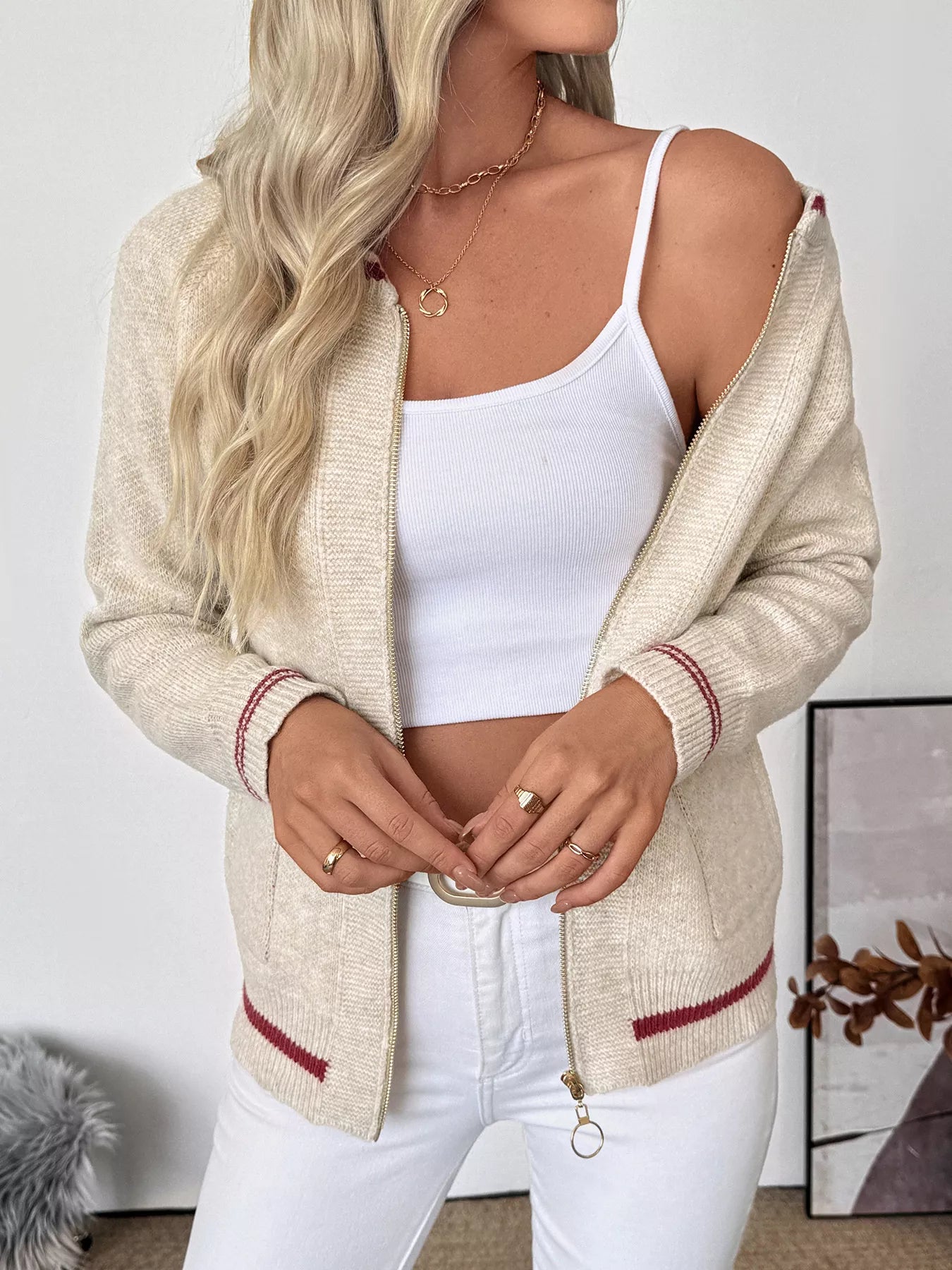 Zip Up Contrast Trim Cardigan OutfitFlow
