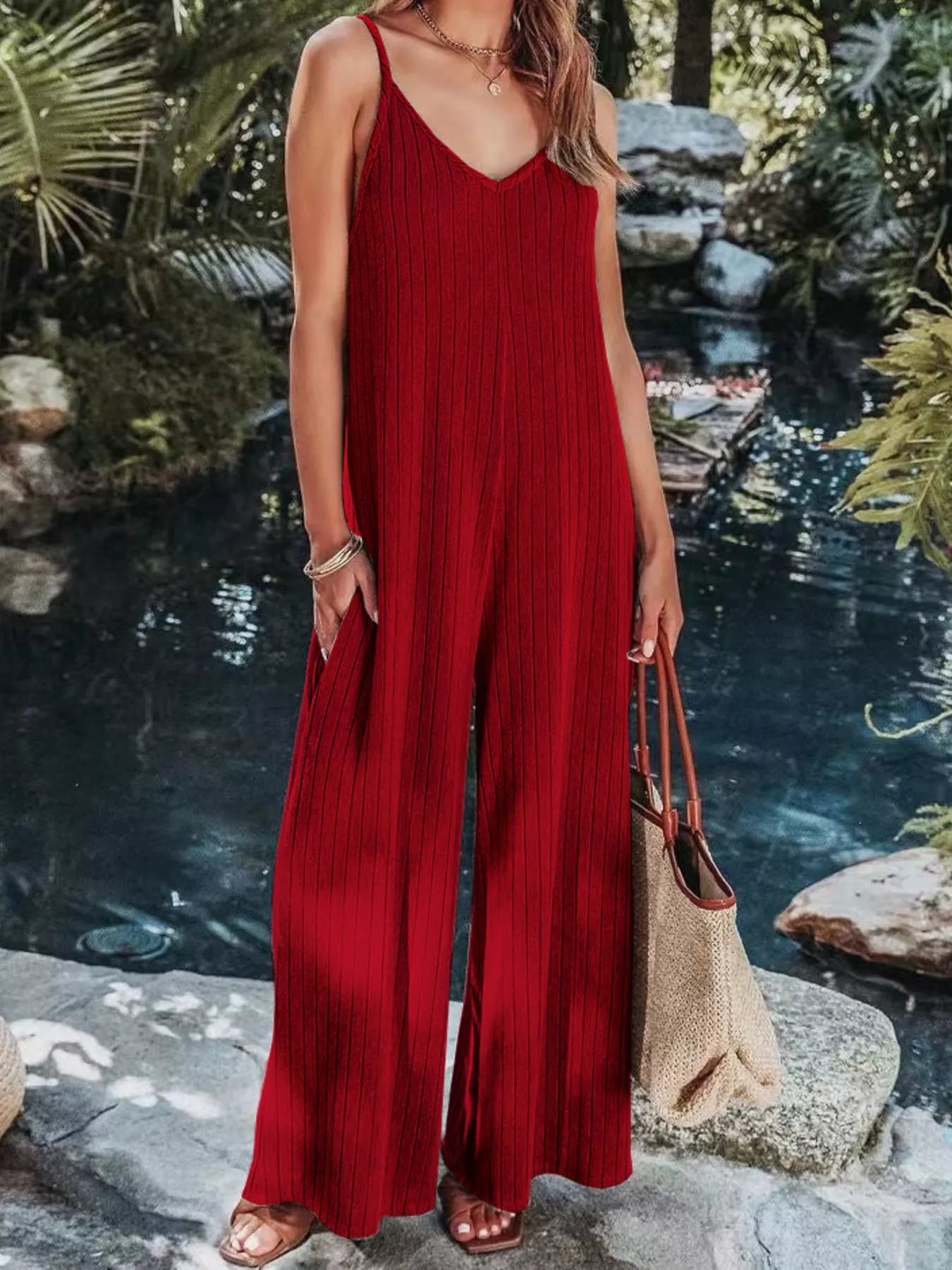 Ribbed V-Neck Wide Leg Jumpsuit Deep Red OutfitFlow