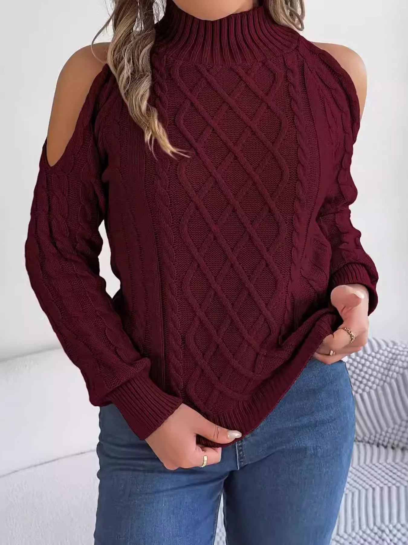 Cable Knit Cold Shoulder Turtleneck Sweater Wine Red OutfitFlow