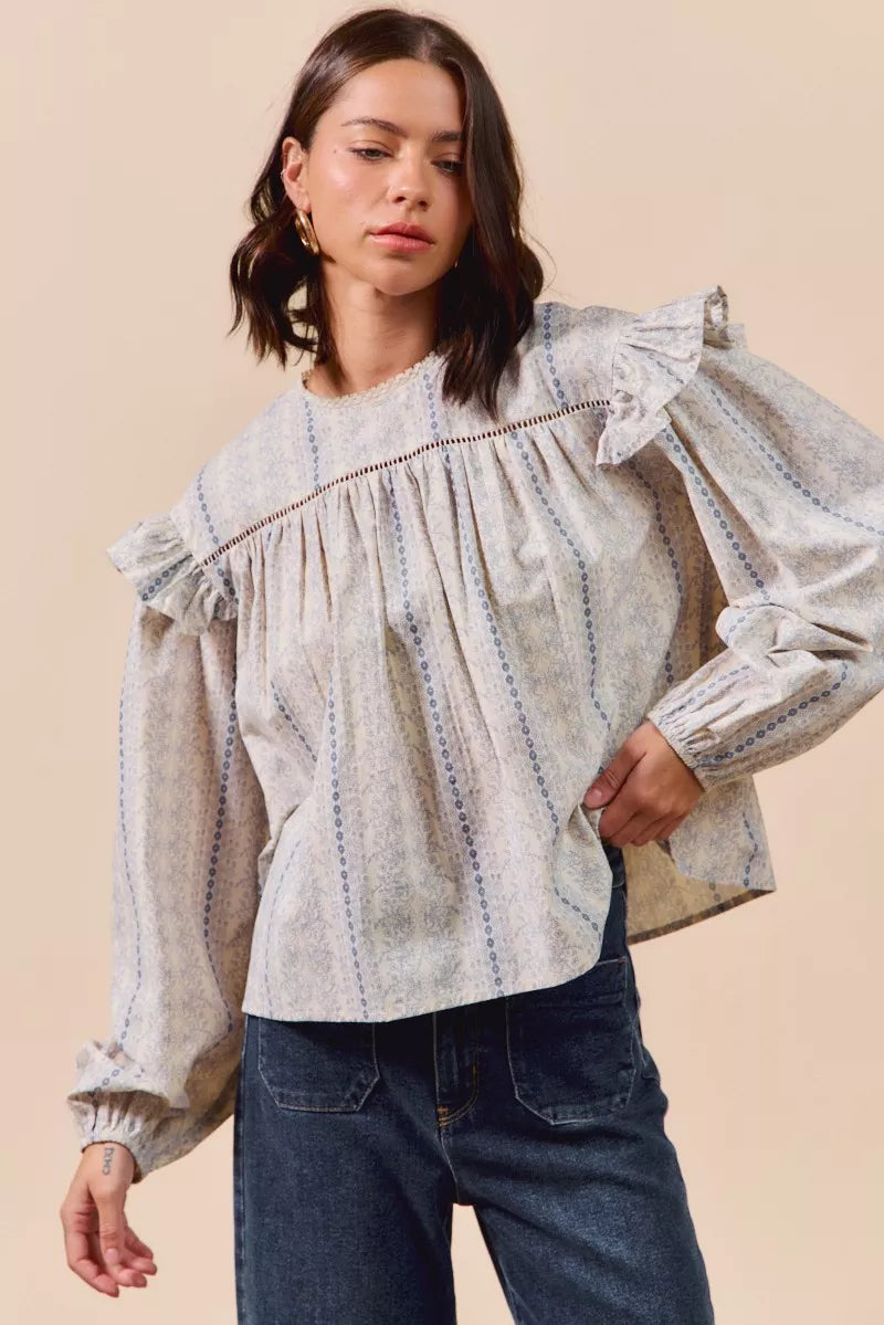 SO ME Floral Cotton Print Ruffled Long Sleeve Blouse OutfitFlow