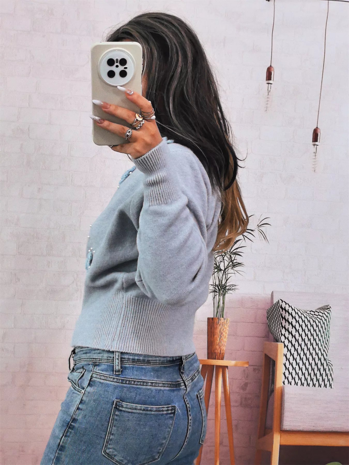Flower Pearl Detail Ribbed Hem Sweater OutfitFlow