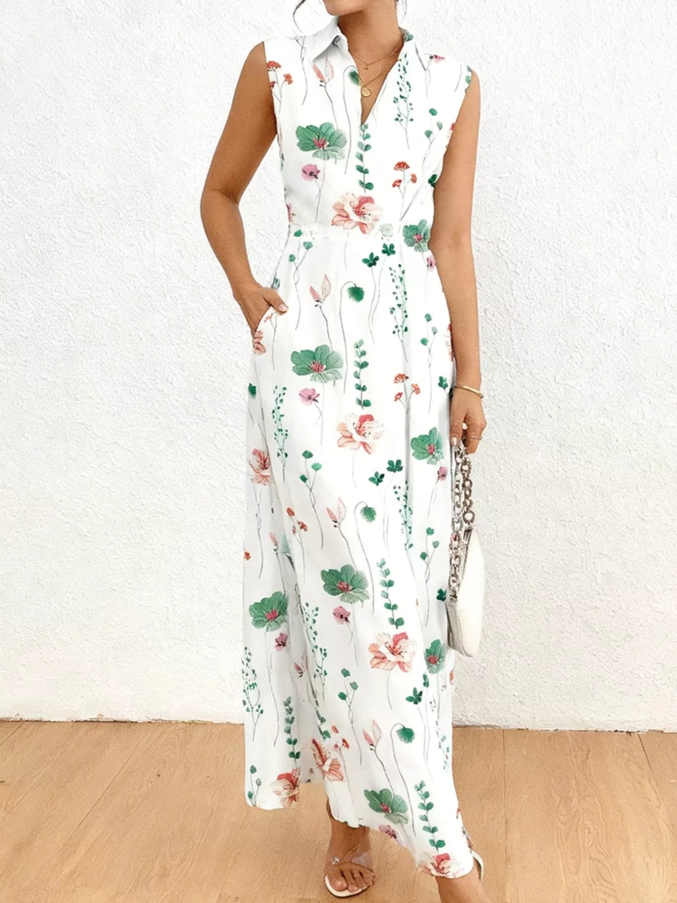 Floral Print Sleeveless Maxi Shirt Dress White Trendsi