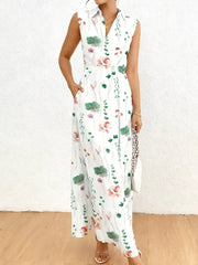 Floral Print Sleeveless Maxi Shirt Dress White Trendsi