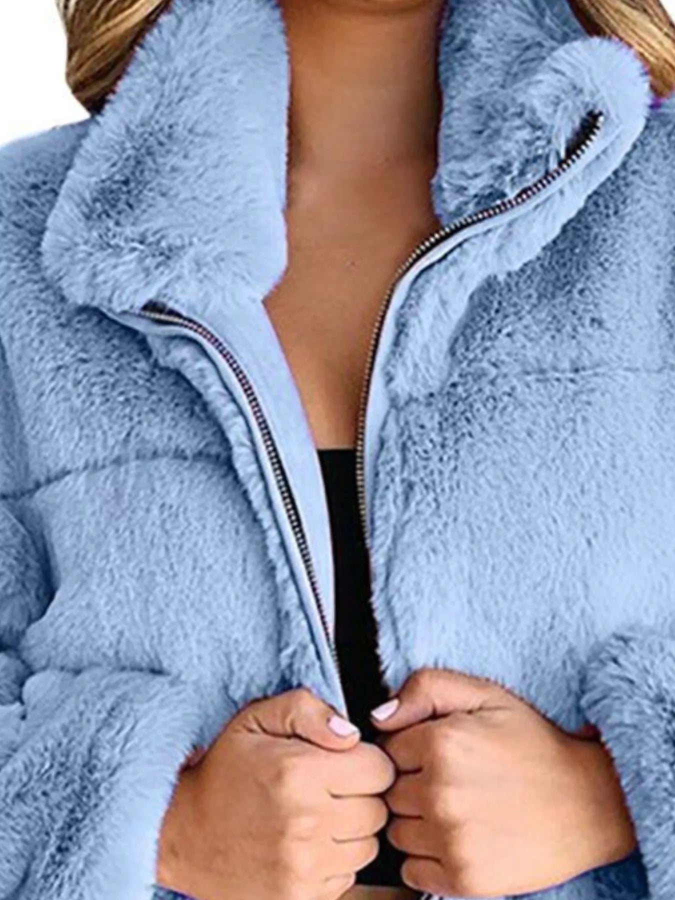Full Size Faux Fur Cropped Zip-Up Jacket Plus Size Trendsi