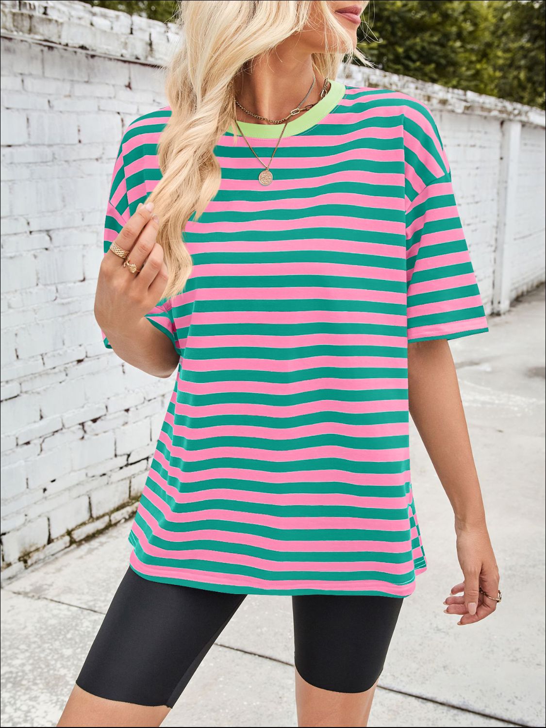 Outfit Flow - Lovelet Striped Round Neck Half Sleeve T-Shirt