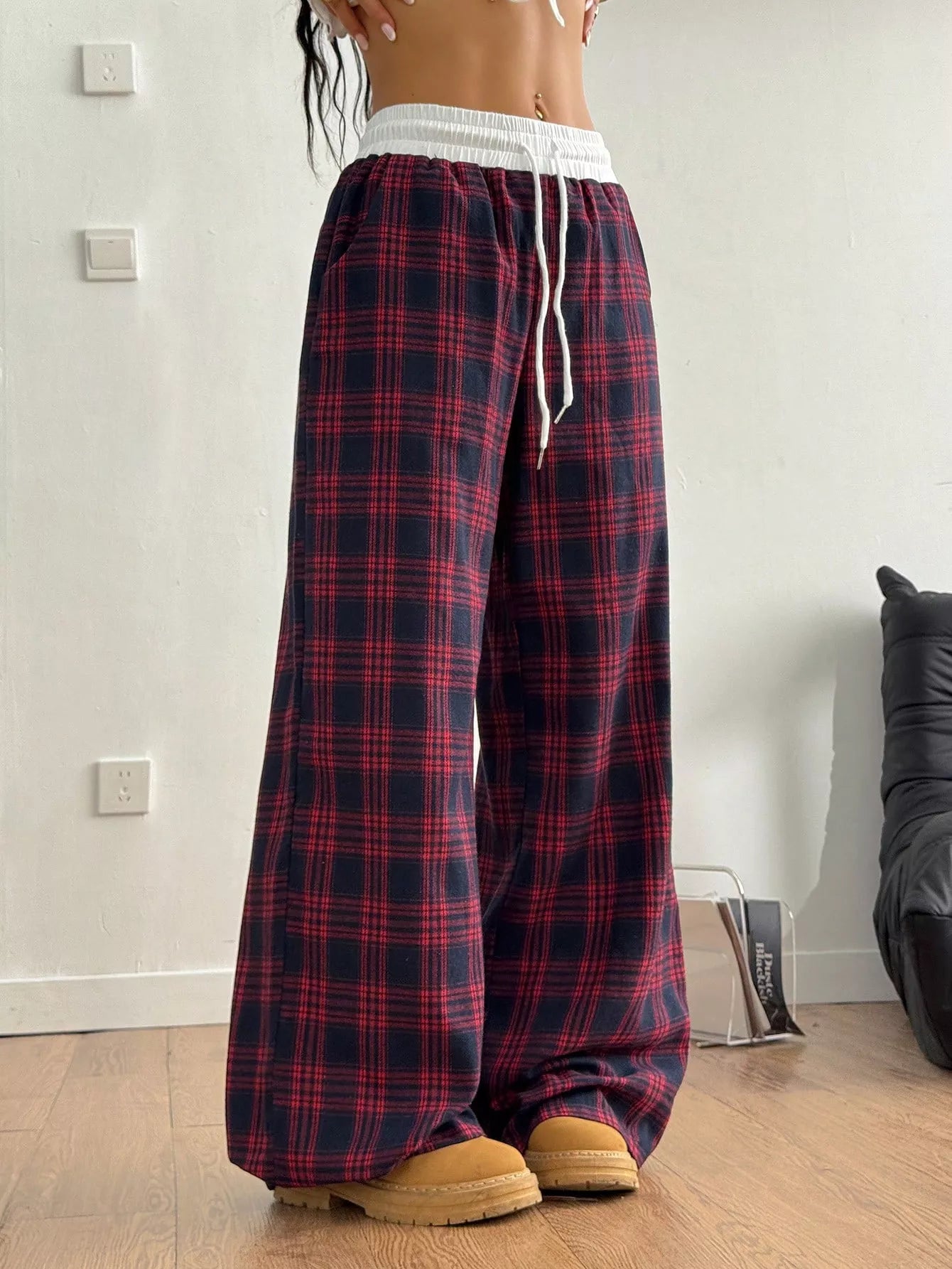Plaid Wide-Leg Pants with Elastic Waistband OutfitFlow