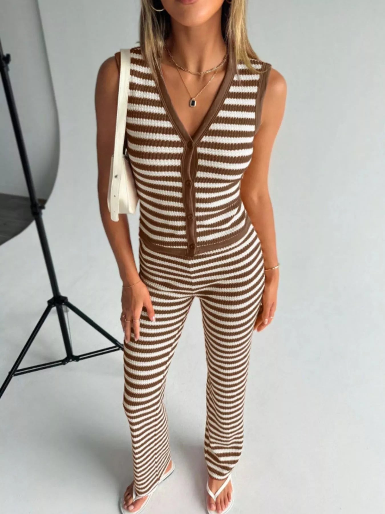 Striped Knit Sleeveless Top and Pants Set OutfitFlow