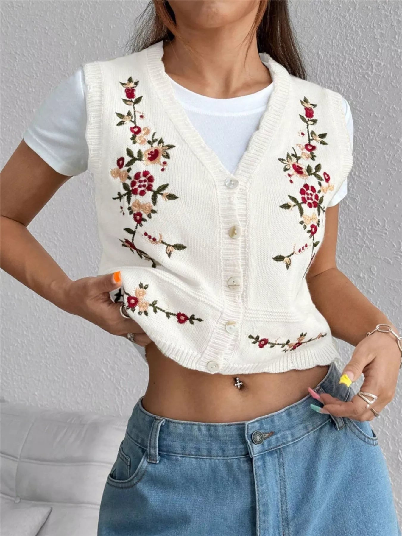 Embroidered Button Up Sweater Vest OutfitFlow