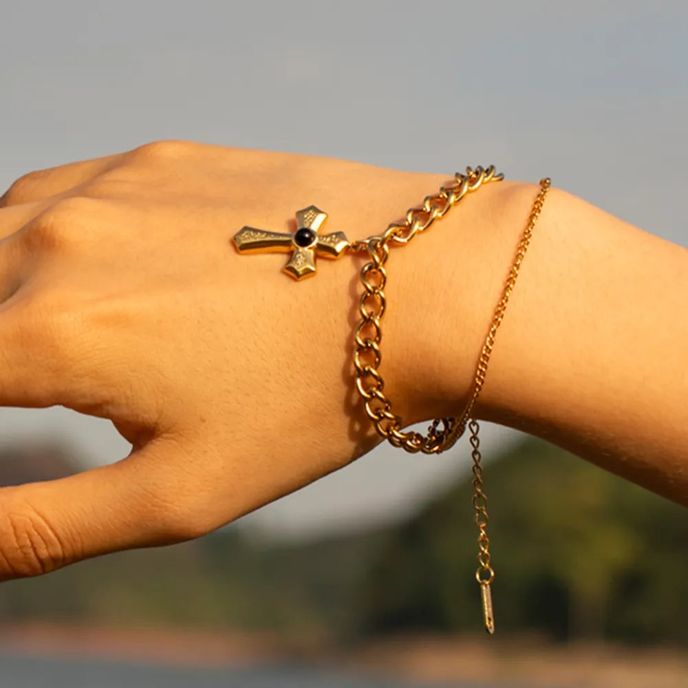 Stainless Steel Imitation Gemstone Cross Shape Pendant Bracelet OutfitFlow