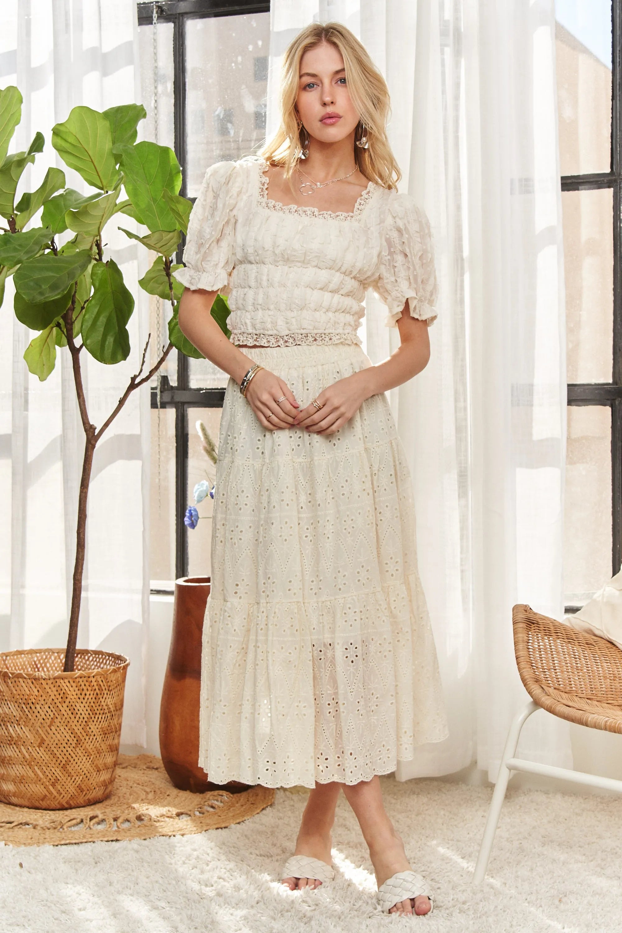 ADORA Lace Smocked Waist Peasant Top OutfitFlow