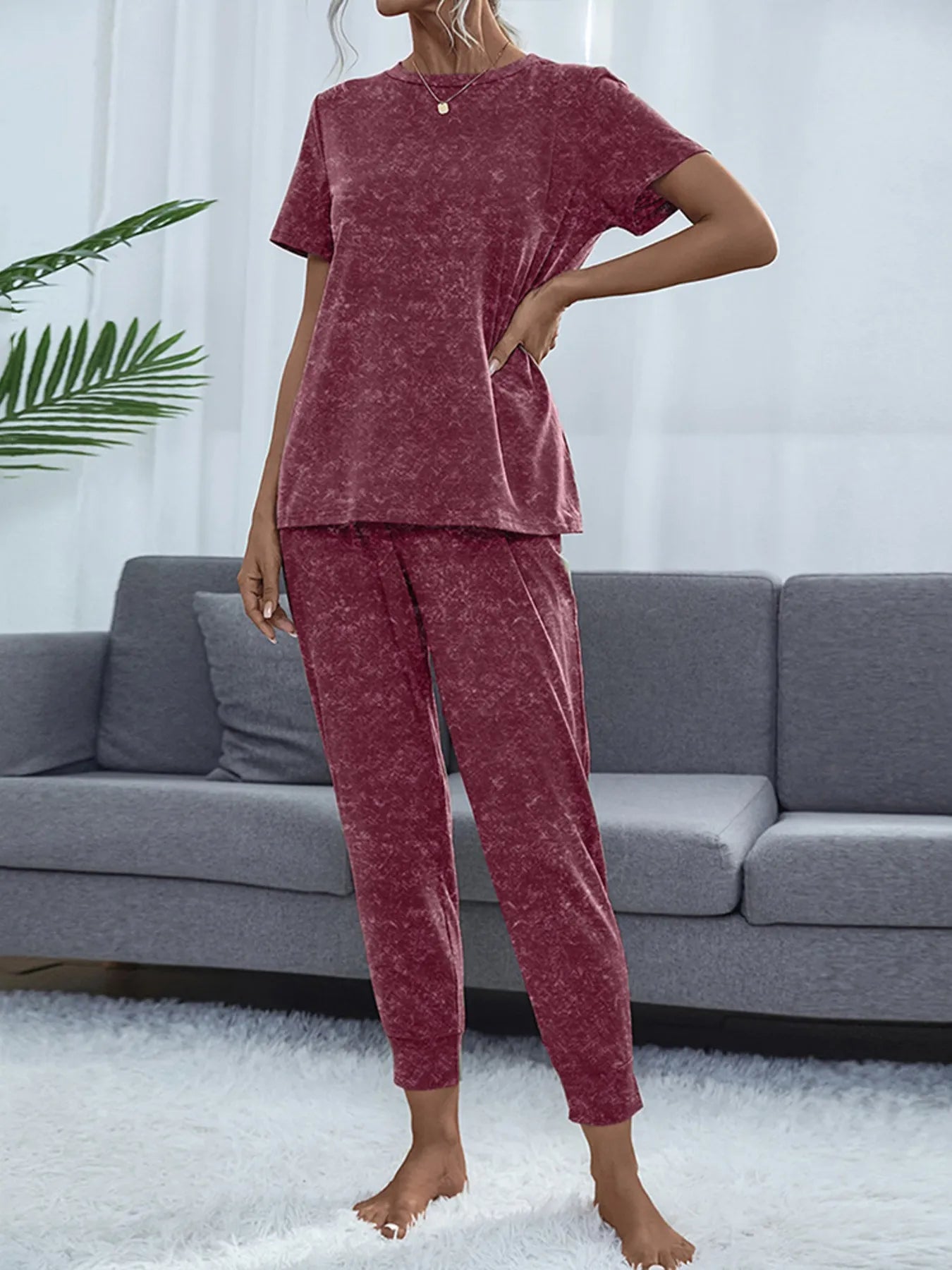 Round Neck Short Sleeve Top and Pants Lounge Set OutfitFlow