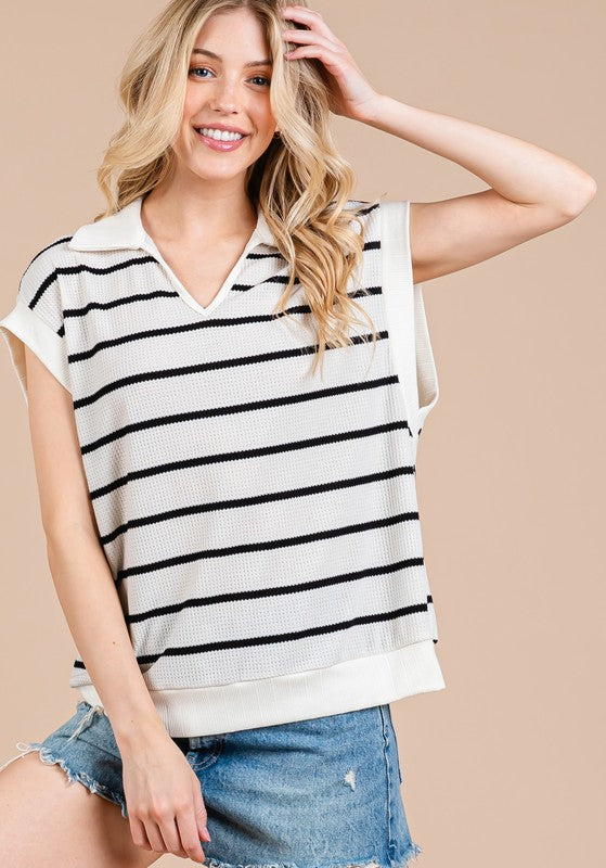 Ces Femme Collared Neck Contrast Striped Sweater Vest