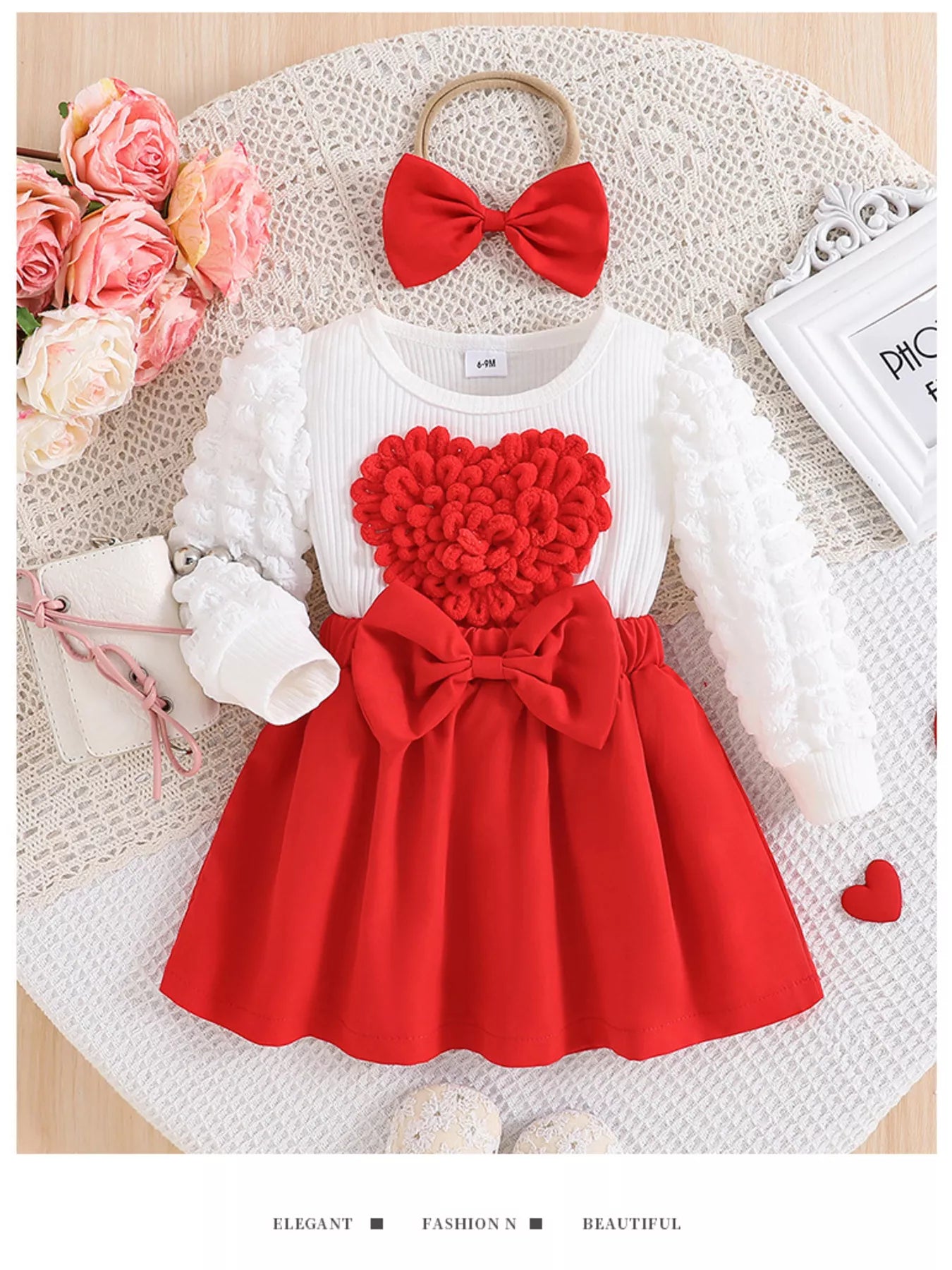 Children's Heart Bowknot Decor Dress with Headband Red Trendsi