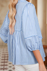 Striped Notched 3/4 Sleeve Blouse OutfitFlow