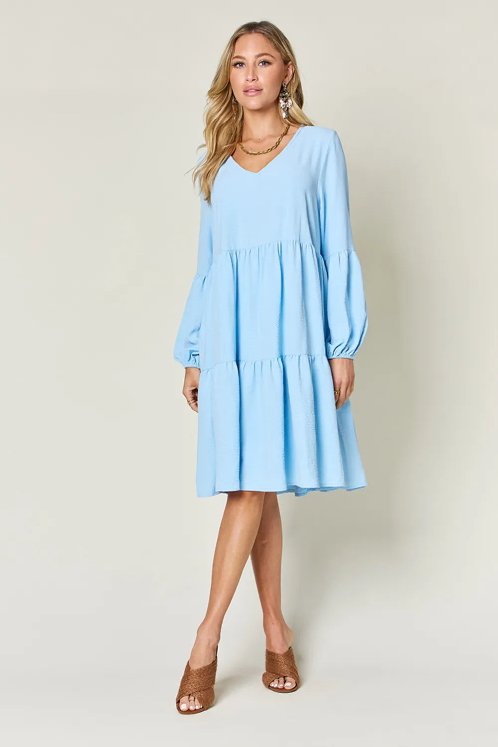 Double Take Full Size V-Neck Balloon Sleeve Tiered Dress with Pockets OutfitFlow