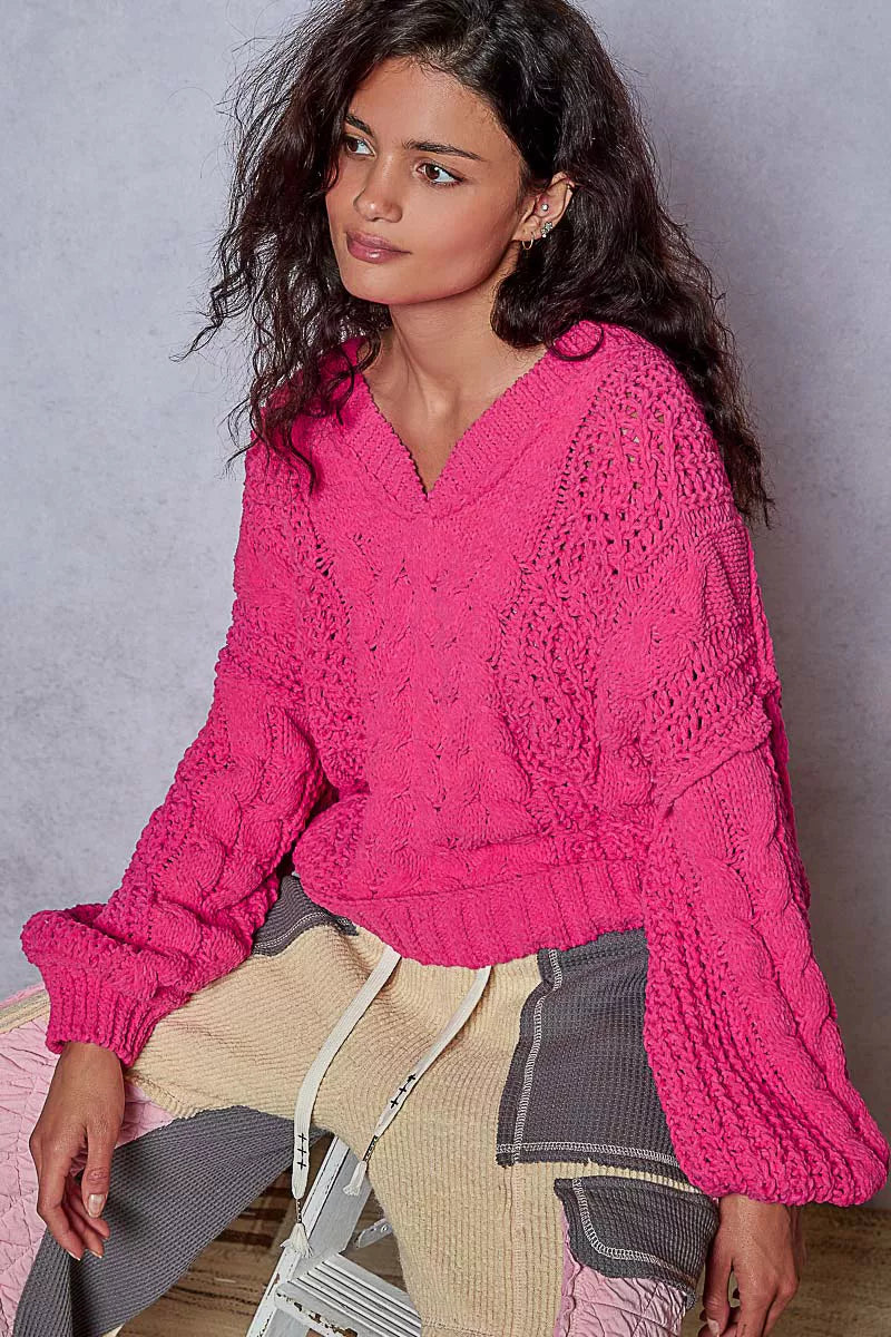 POL Cable-Knit Solid V-Neck Cropped Sweater OutfitFlow
