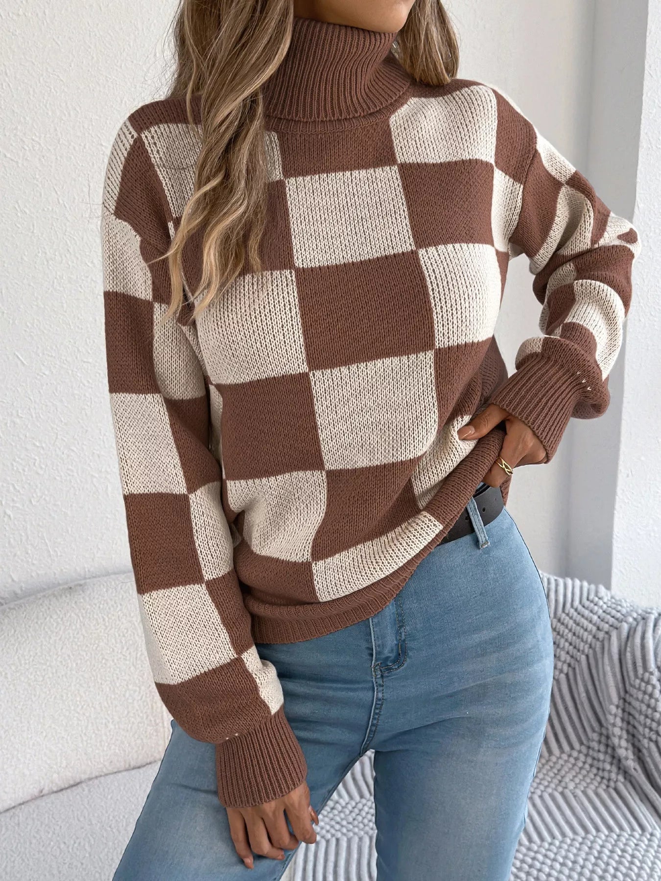 Checkered Turtleneck Long Sleeve Sweater Brown OutfitFlow