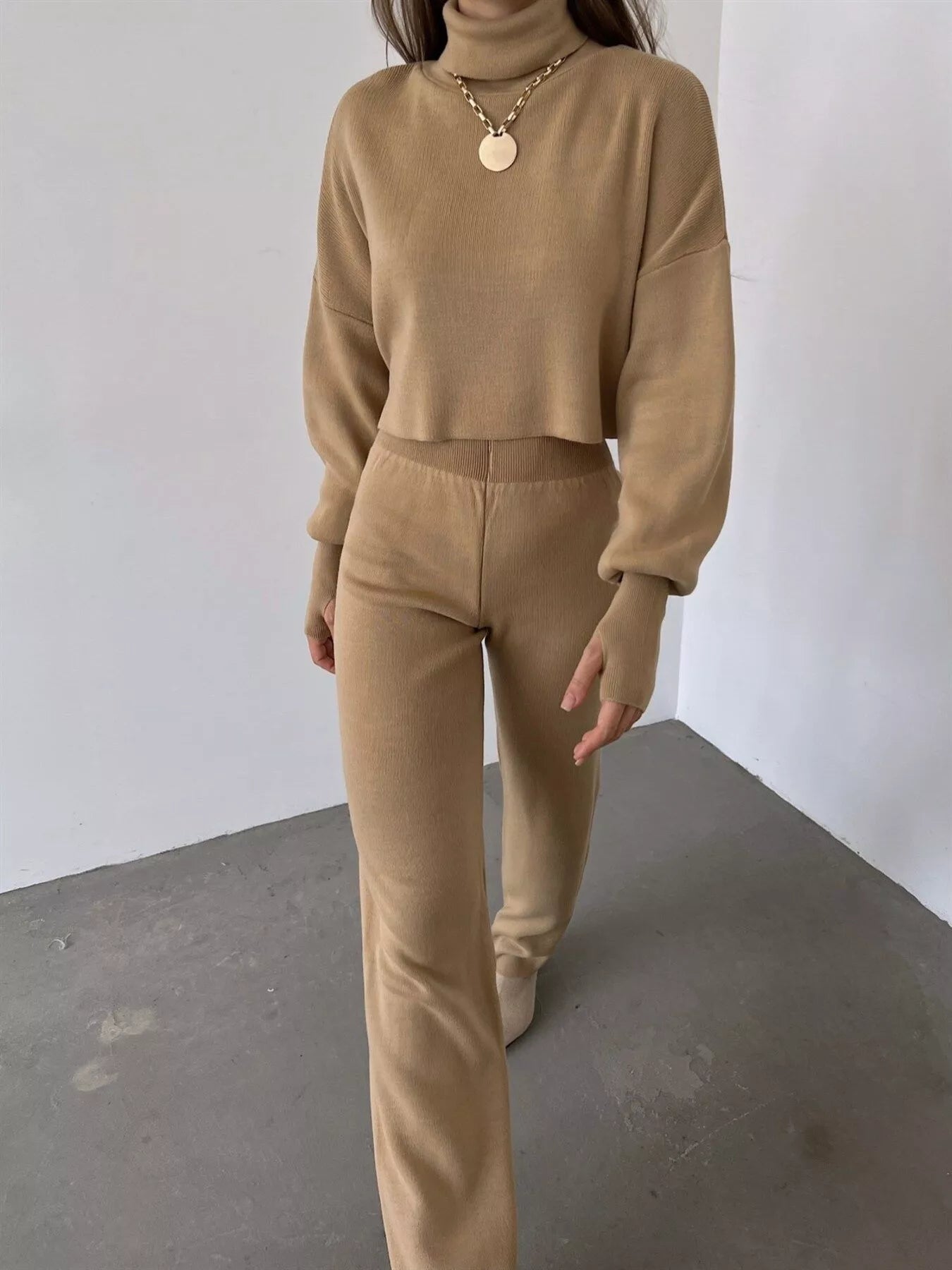 Turtleneck Long Sleeve Top & Pants Set Khaki OutfitFlow