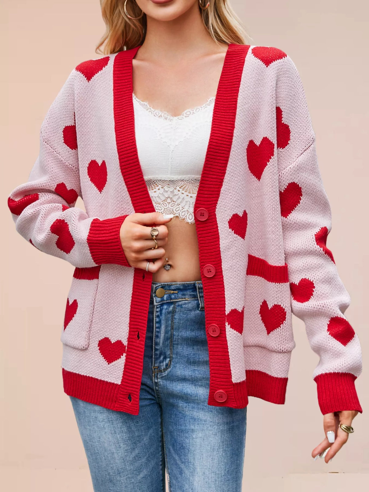 Heart Pattern Button-Up Knit Cardigan Pink OutfitFlow