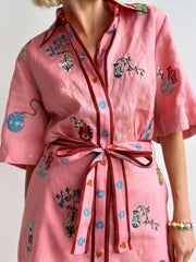 Embroidered Tie Waist Shirt Dress OutfitFlow