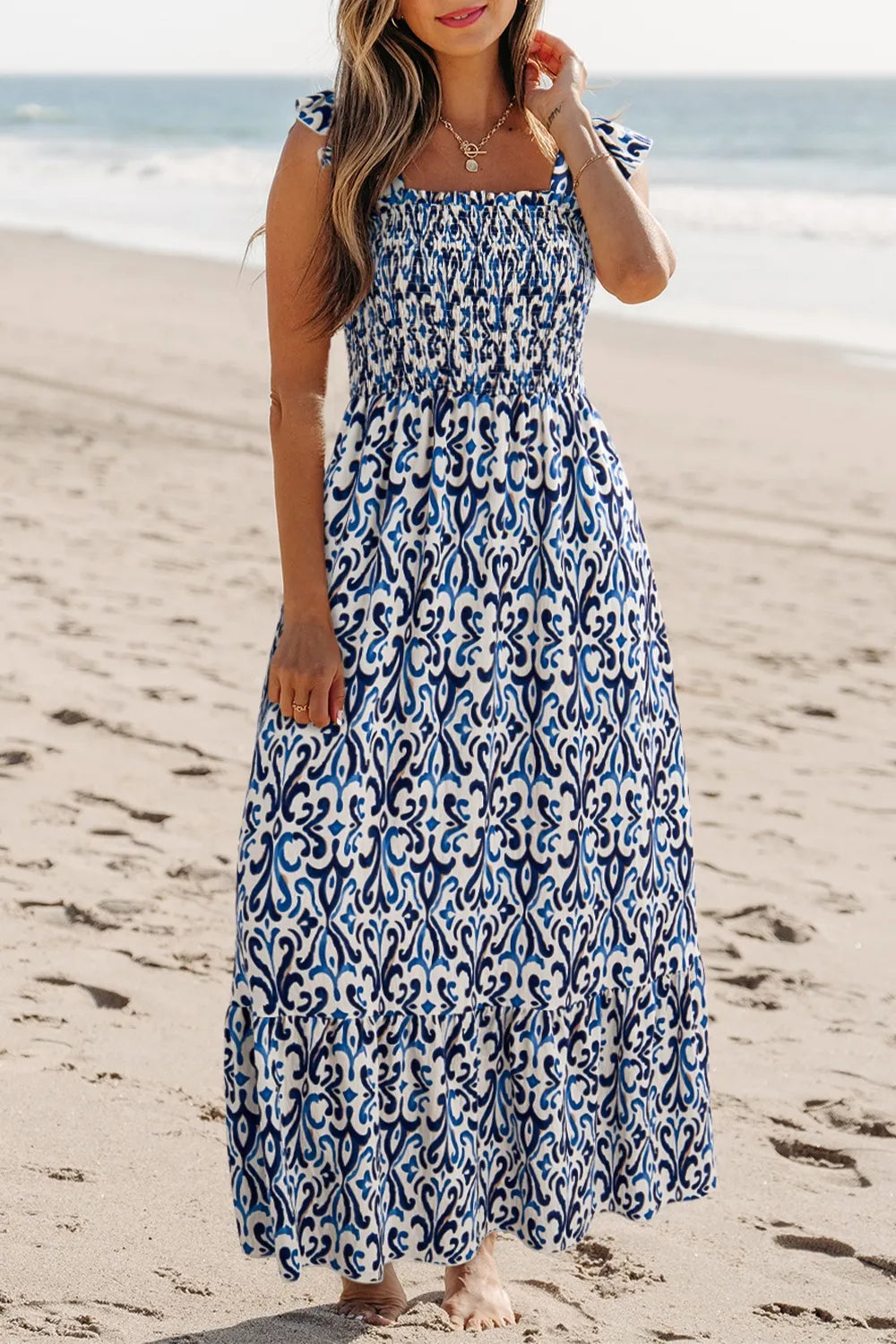 Smocked Printed Square Neck Dress OutfitFlow