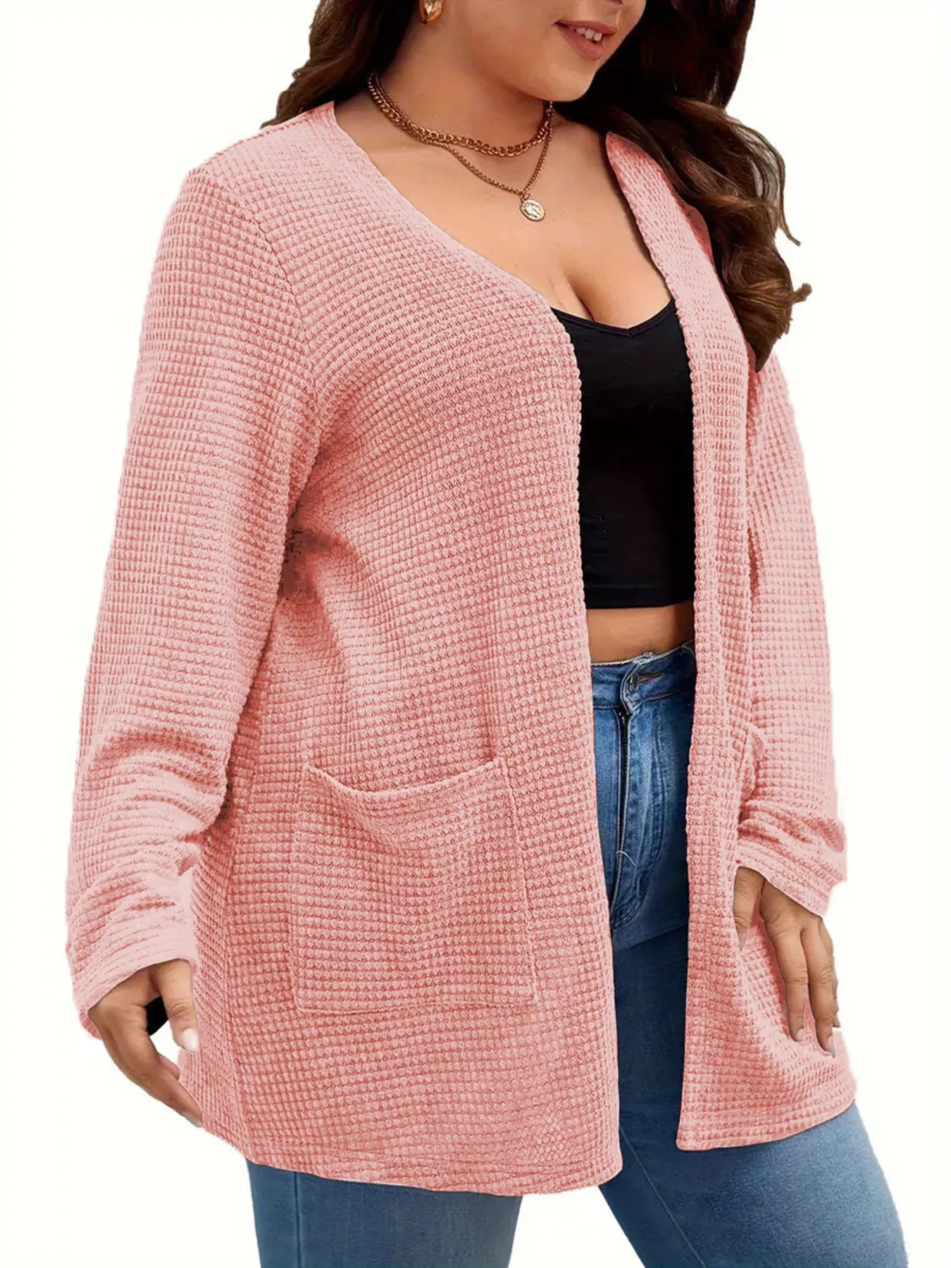 Plus Size Open Front Long Sleeve Knit Cardigan OutfitFlow