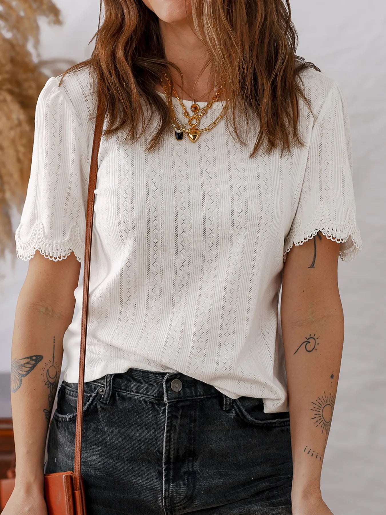 Scalloped Lace Trim Jacquard Textured T Shirt OutfitFlow