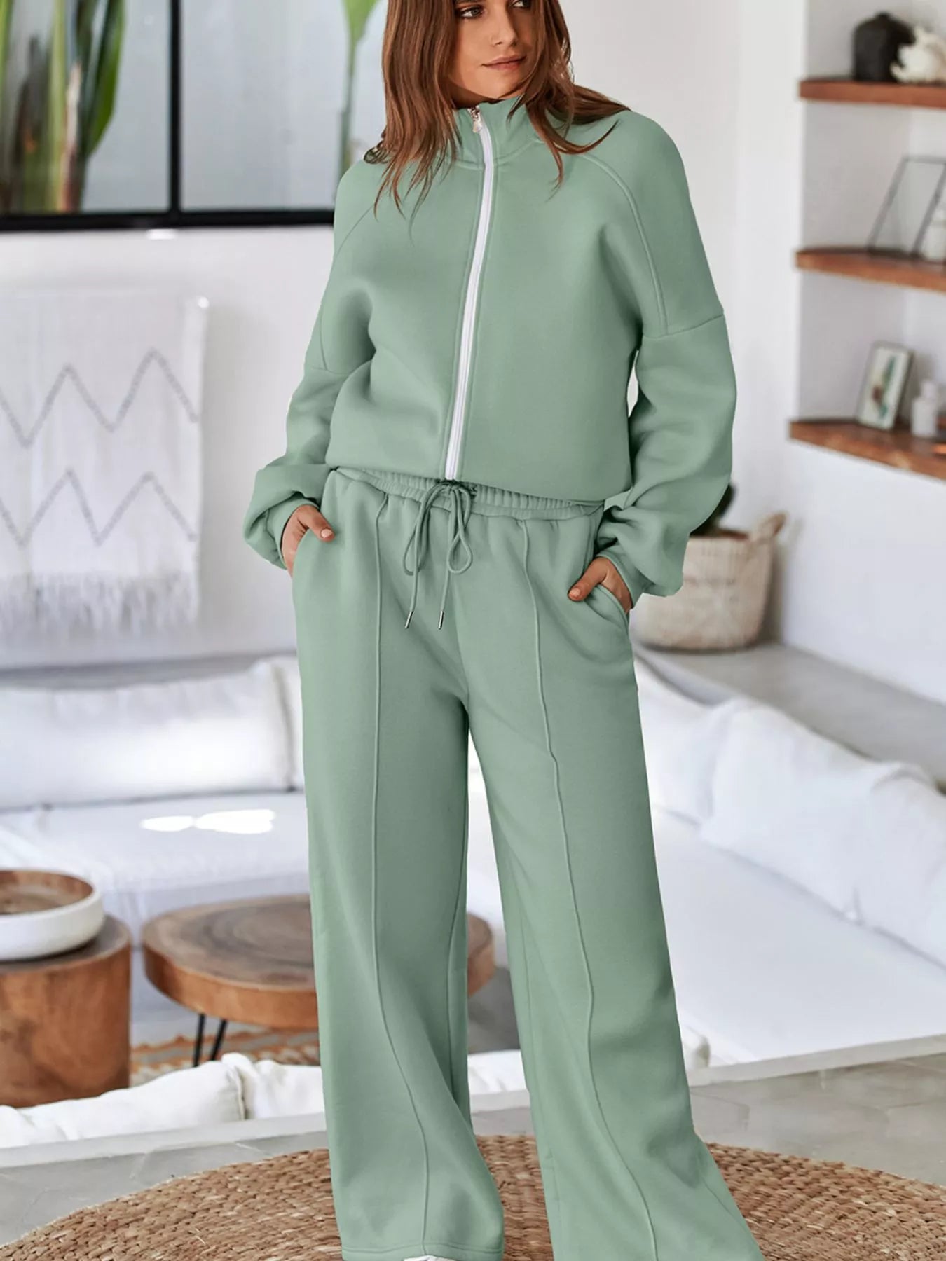 Drop Shoulder Zip Up Jacket and Drawstring Pants Active 2pcs Set OutfitFlow