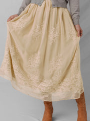 Embroidered Mesh Overlay Flowy Midi Skirt OutfitFlow