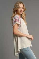 Umgee Full Size Linen Round Neck High Low Hem Frayed Top Plus Size OutfitFlow