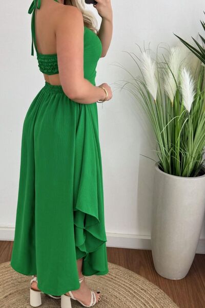 Smocked Printed Halter Neck Dress OutfitFlow