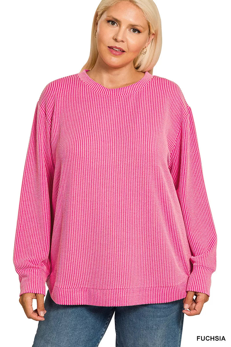 Zenana Full Size Raised Rib Round Neck Long Sleeve Top Plus Size OutfitFlow