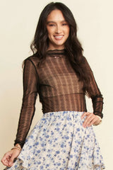 Davi & Dani Turtle Neck Lace Dotted Stretch Mesh Sheer Top BLACK OutfitFlow